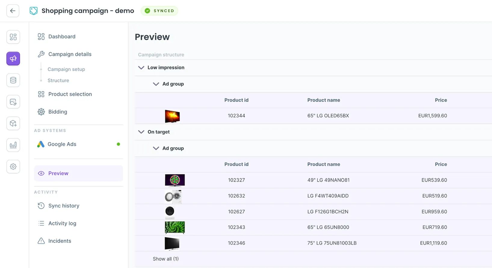 Shopping ads screen