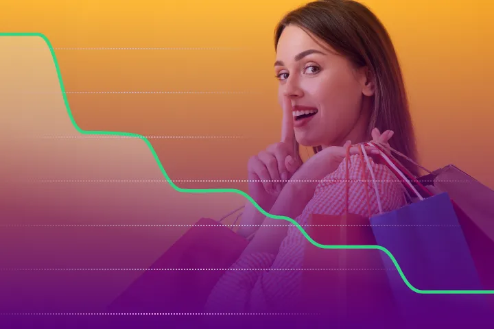 Woman holding shopping bags with finger on lips, highlighting 199% CTR and 155% conversion growth.