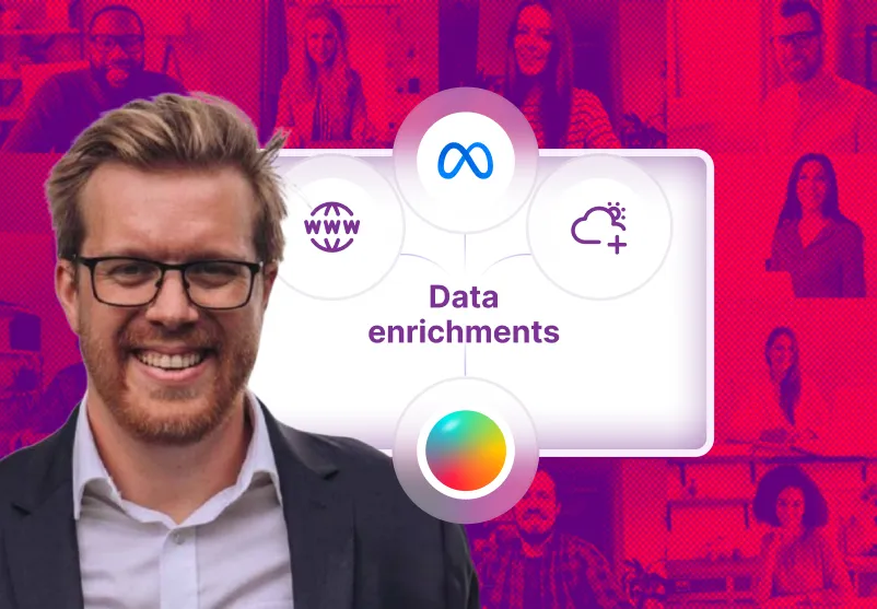Smiling man in glasses and suit with infographic on data enrichments and social media icons behind him.