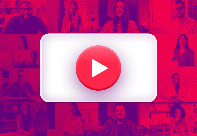 Red play button overlay on a grid of diverse people in video call thumbnails.