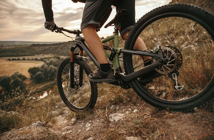 Close-up of a cyclist riding a mountain bike on a rocky trail with a scenic valley background.
