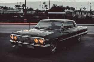 diagonal front view of an older car