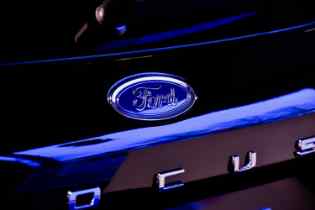 close up of a ford focus badge