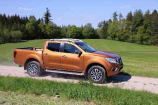 orange nissan truck side view with trees and grass in the background