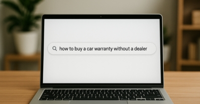 Extended warranty documents on a dealership table with a pen, parked car, and seating area in the background