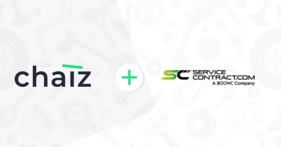Chaiz and ServiceContract.com partnership graphic showing both company logos side by side with a plus sign between them, representing their collaboration in vehicle protection.