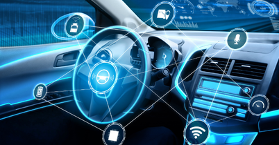 Modern electric vehicle showing exposed battery pack, sensors, and electronic systems used in ADAS and EV technology repairs