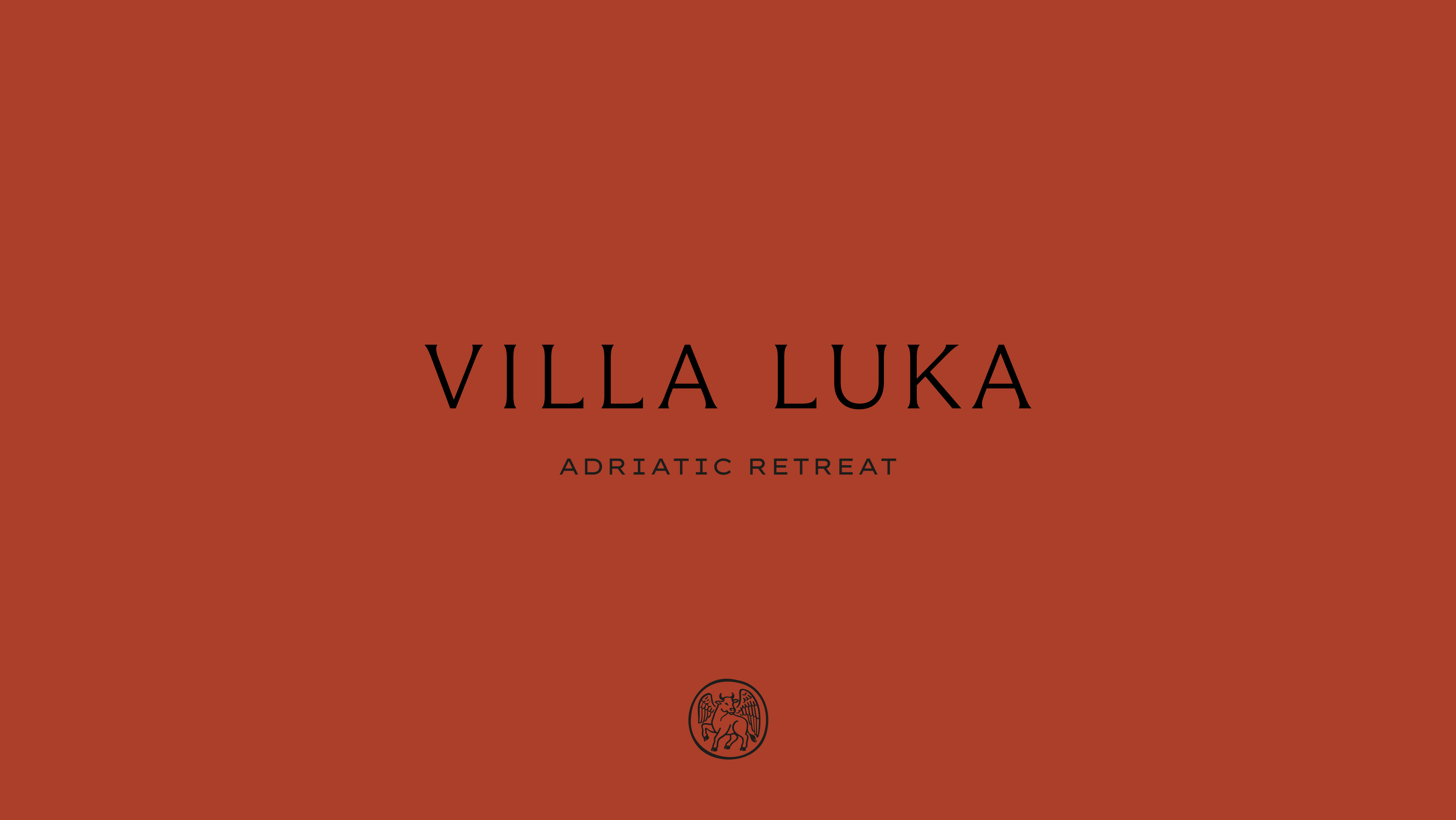 Logo Villa Luka Adriatic Retreat sur fond terre cuite avec emblème représentant un taureau ailé