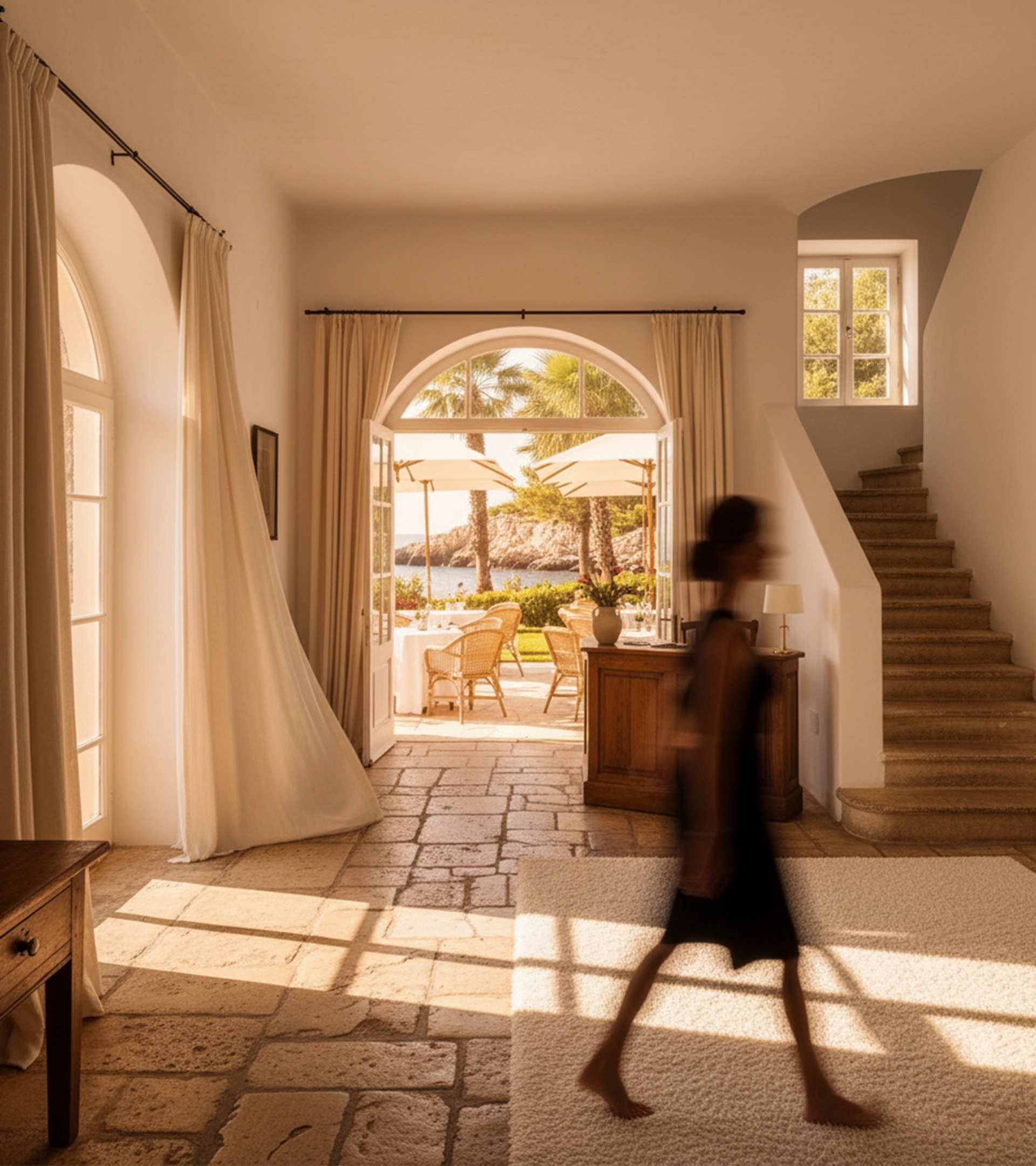 Intérieur élégant de villa méditerranéenne avec des arches en pierre, des sols en pierre naturelle et des rideaux fluides menant à une terrasse ensoleillée avec vue sur la mer et les palmiers.