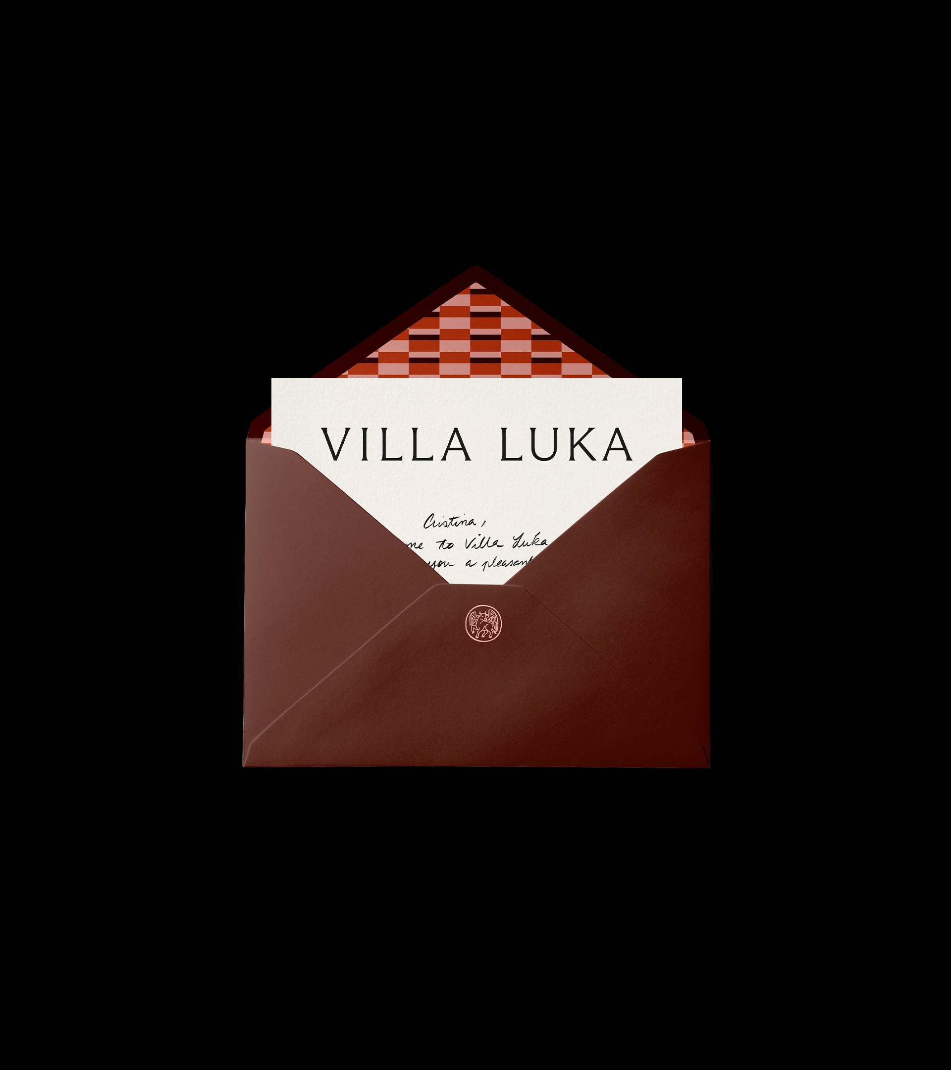 Enveloppe kraft brune ouverte contenant du papier à en-tête Villa Luka avec texte manuscrit et doublure à motifs géométriques, arborant le logo du taureau ailé
