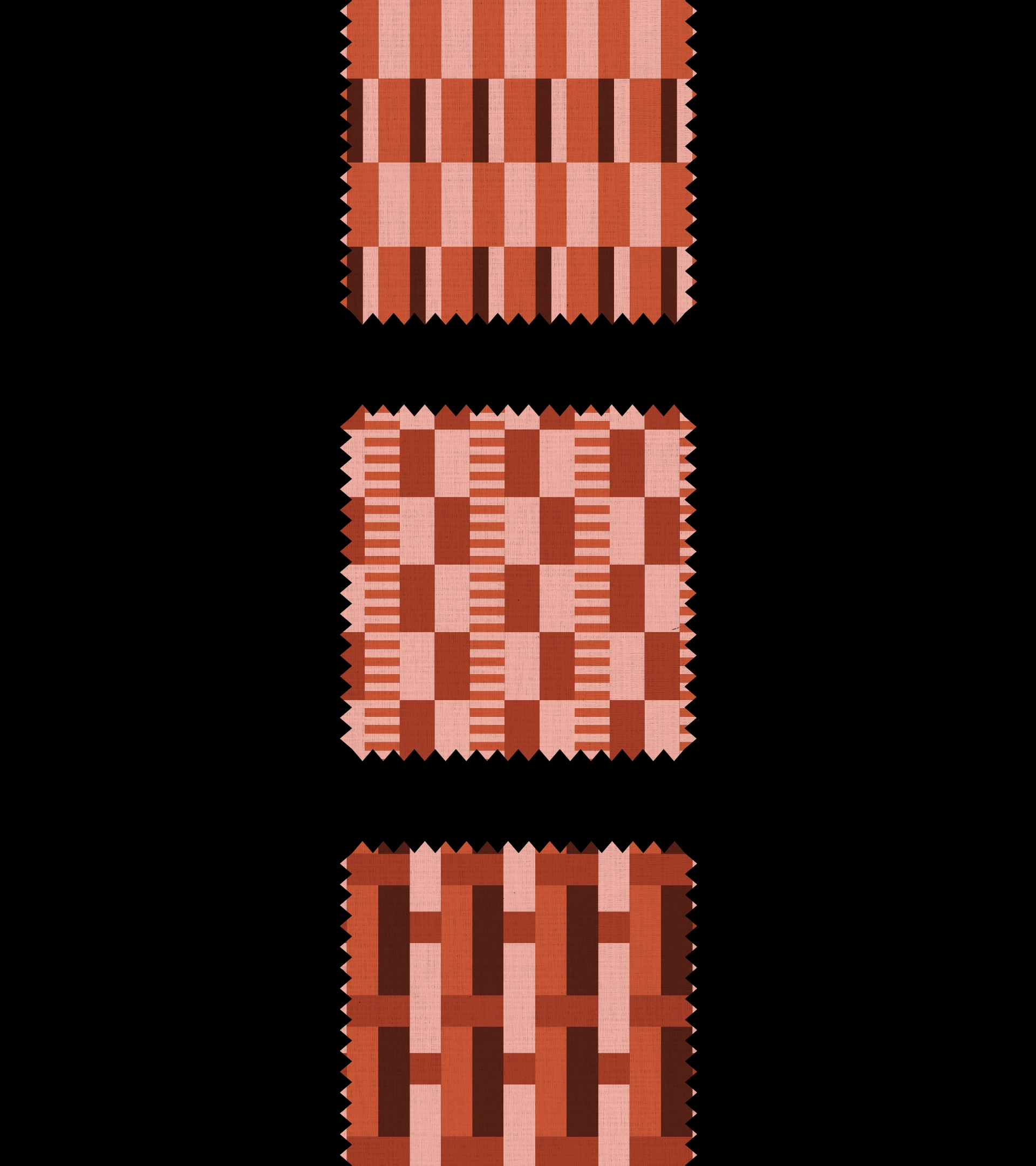 Trois échantillons de tissu présentant des motifs géométriques dans des tons terracotta, rose poudré et marron, avec des rayures, des carreaux et des motifs entrelacés