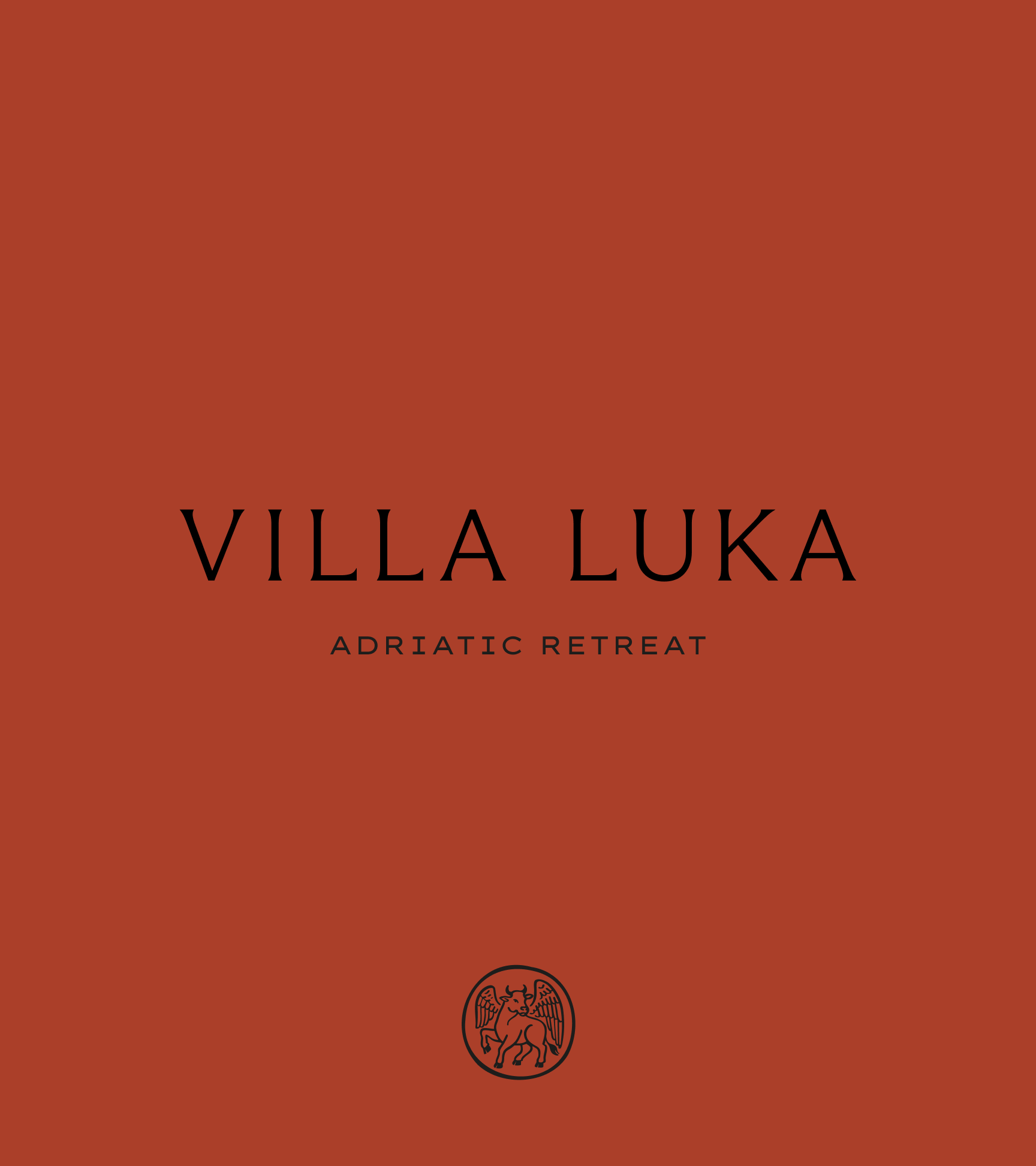 Logo Villa Luka Adriatic Retreat sur fond terre cuite avec emblème représentant un taureau ailé