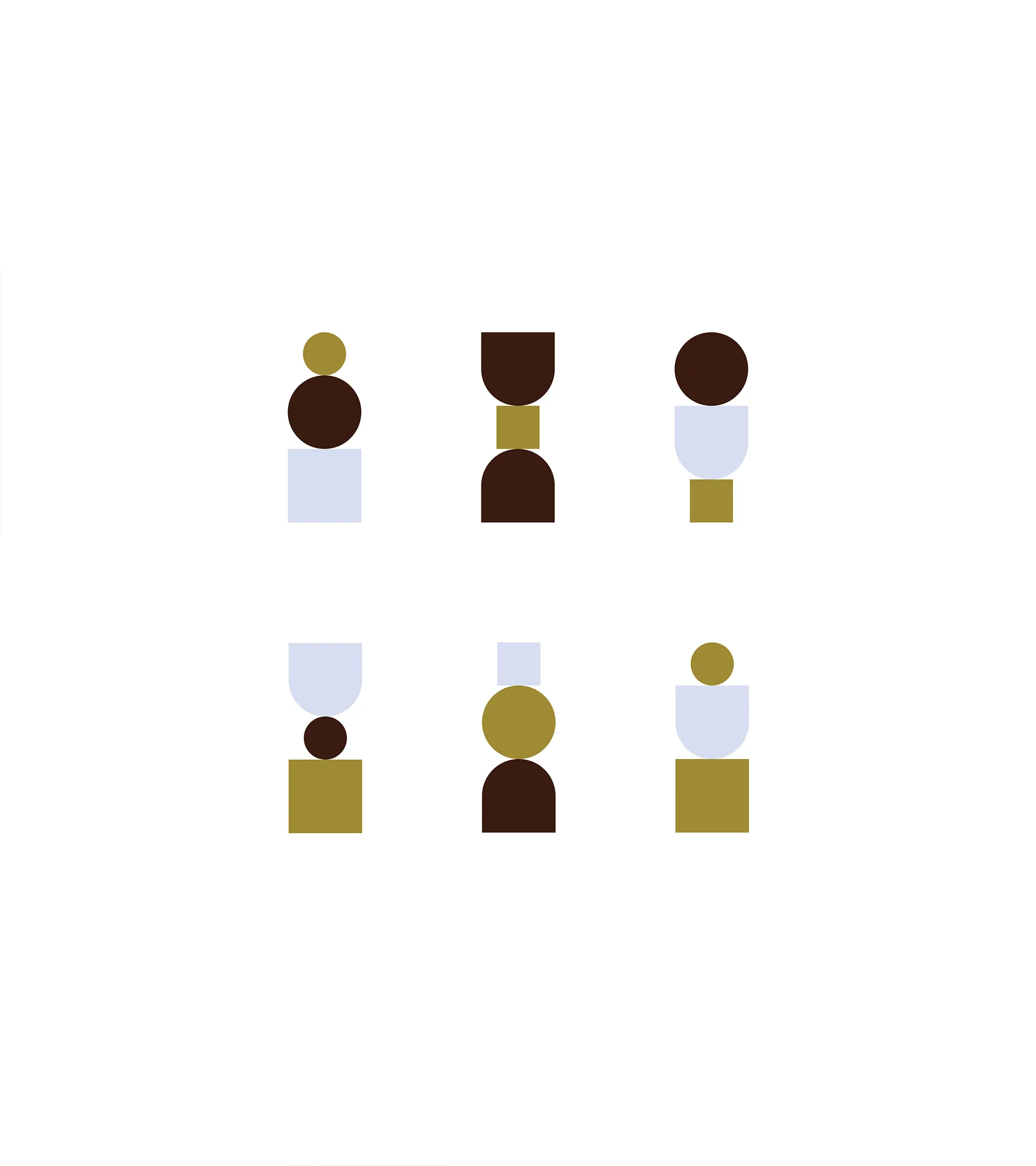 Composition abstraite minimaliste composée de six piles formées de cercles, de carrés et de formes arrondies de couleur marron, dorée et bleu clair sur fond blanc.
