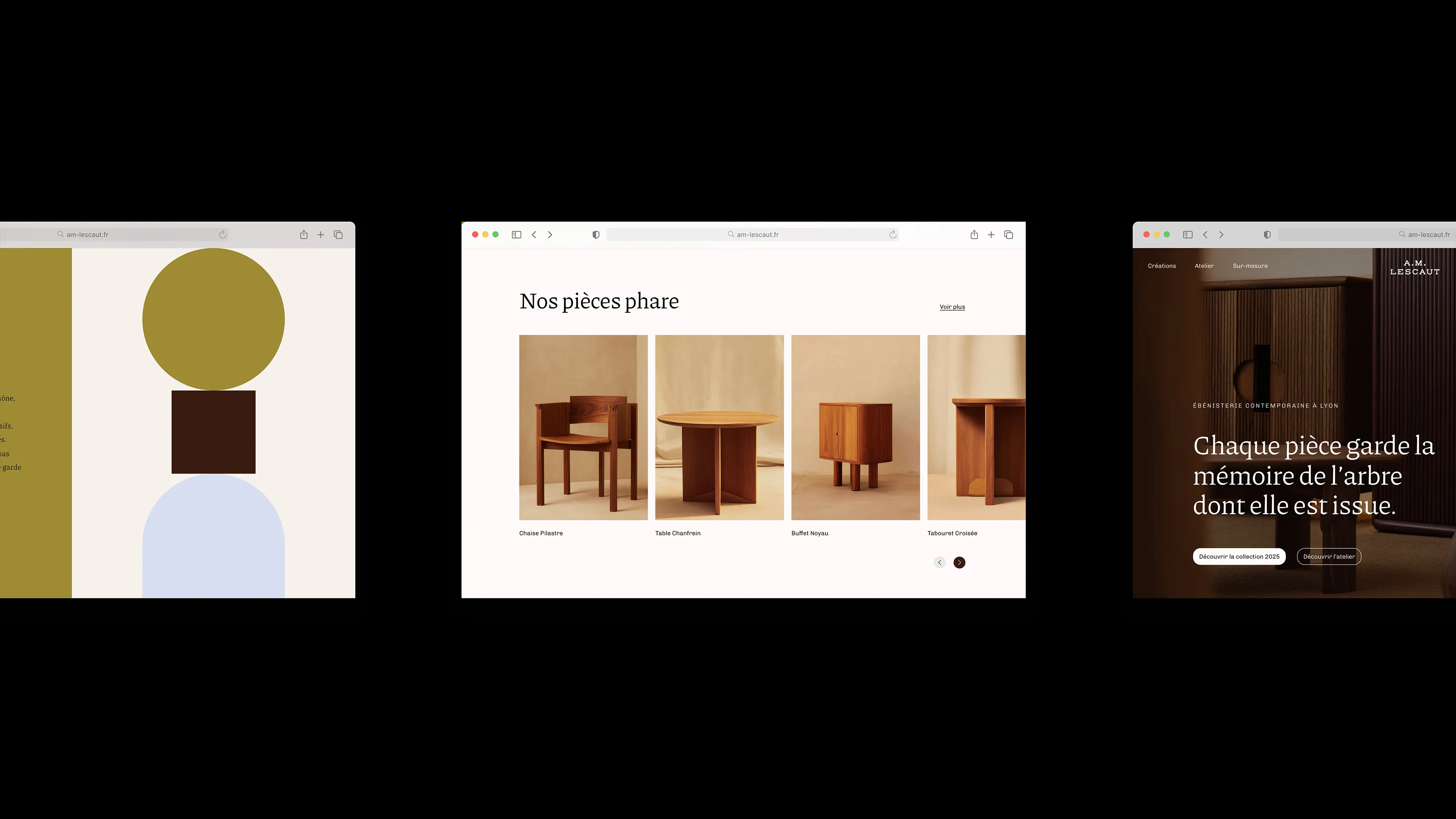 Visuels du site internet de A.M. Lescaut, ébéniste lyonnais