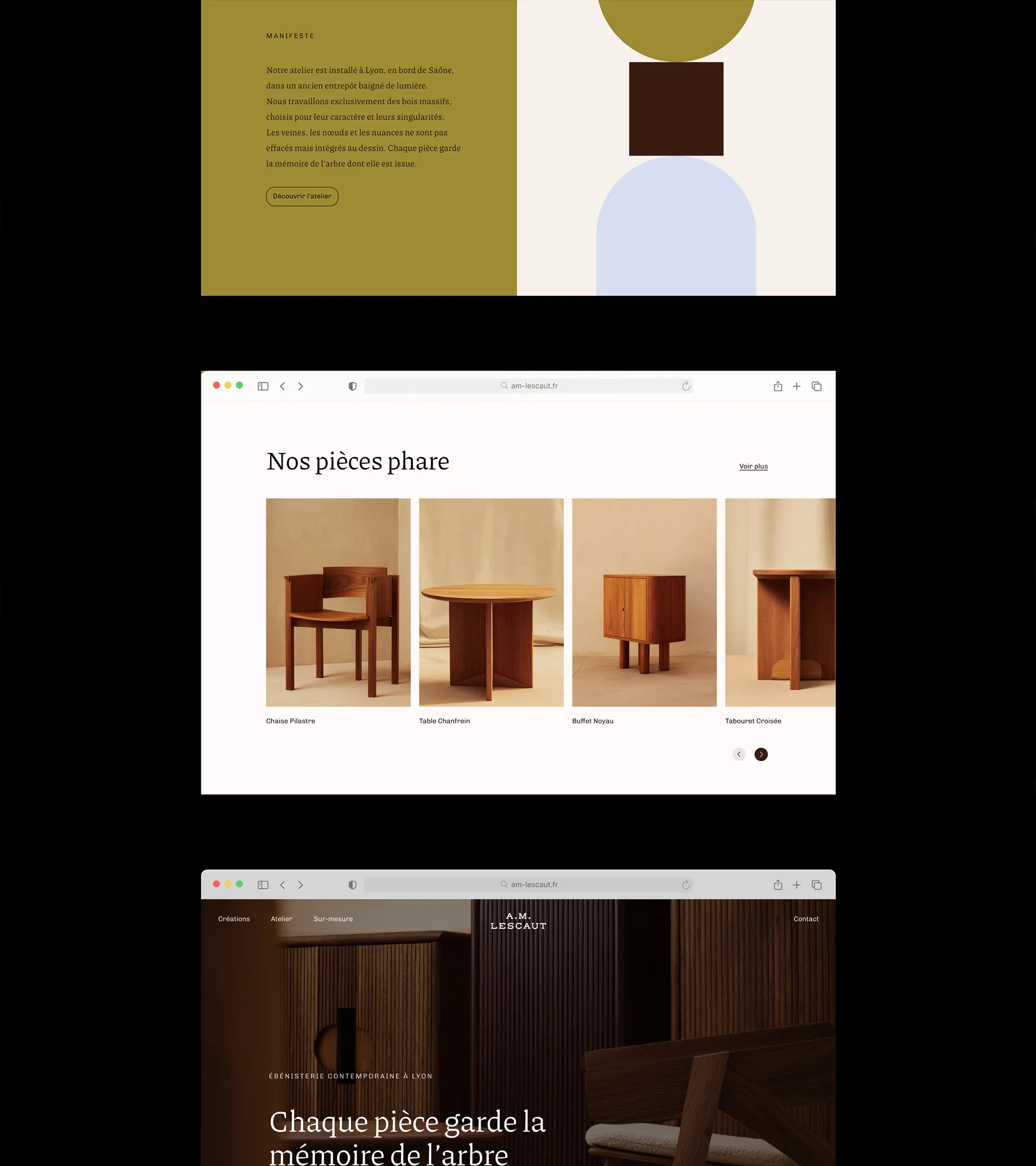 Visuels du site internet de A.M. Lescaut, ébéniste lyonnais