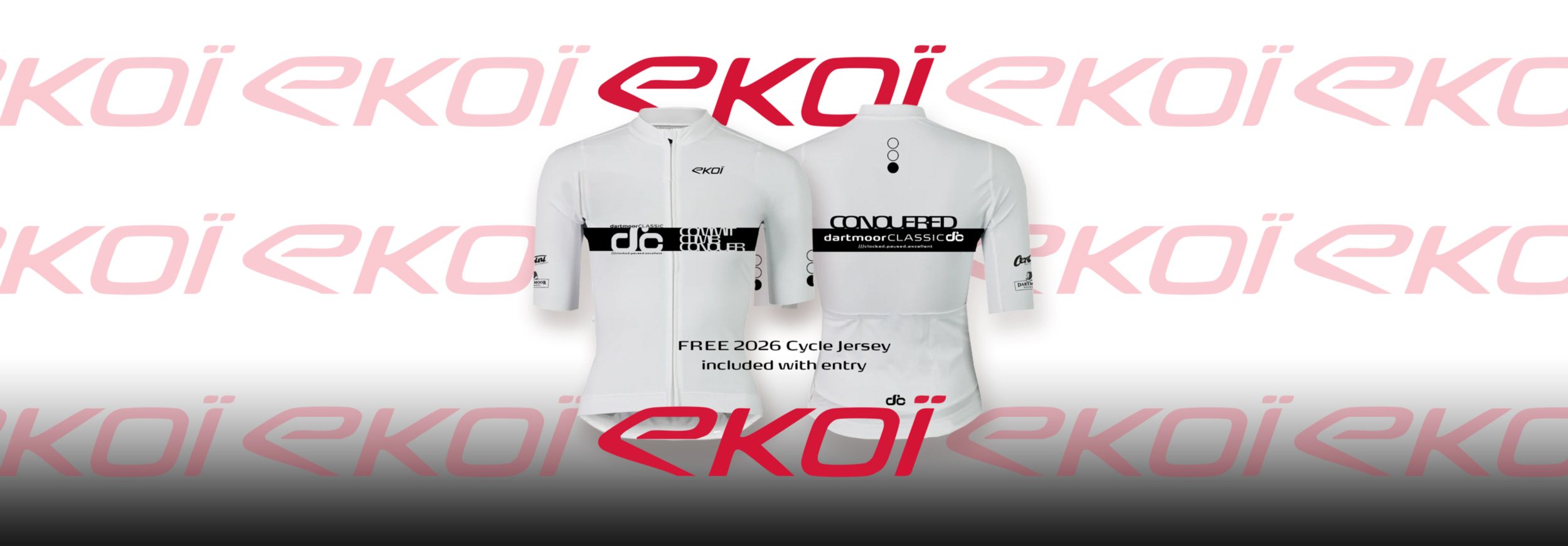 Front and back view of a white cycling jersey with black Dartmoor Classic and Conquered logos, offering a free 2026 cycle jersey included with entry.