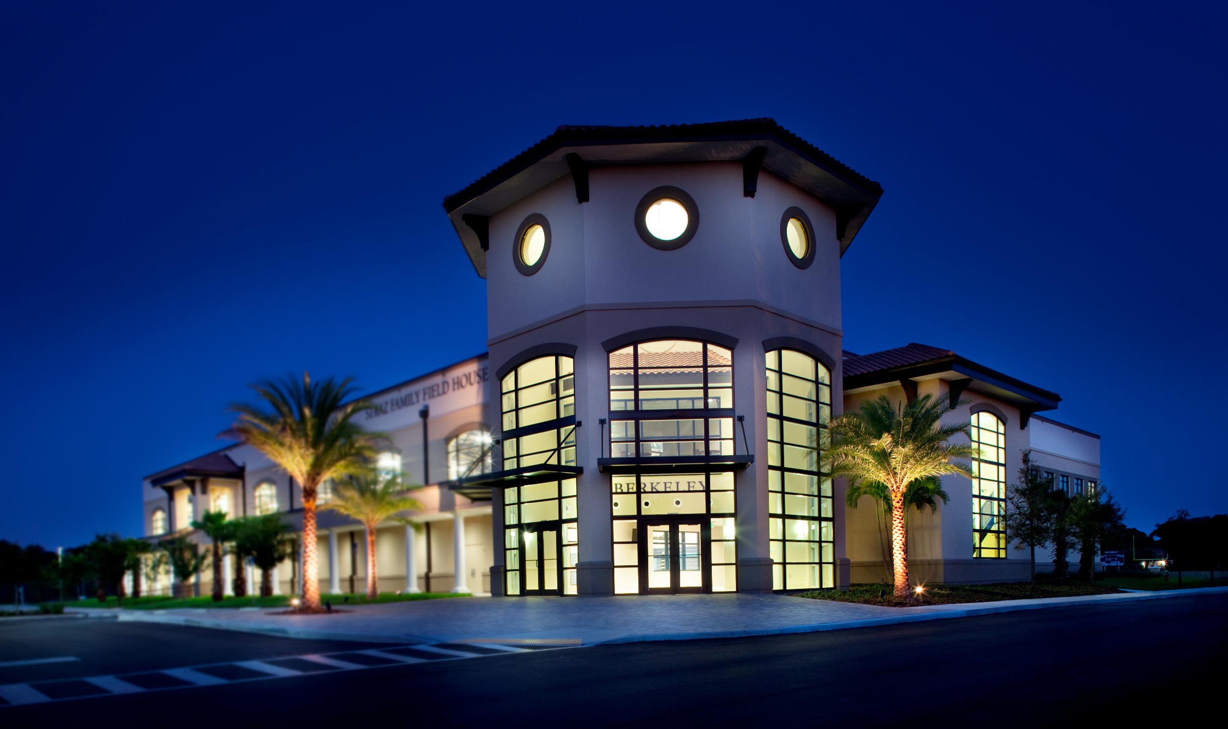 Straz Family Field House lit up at night
