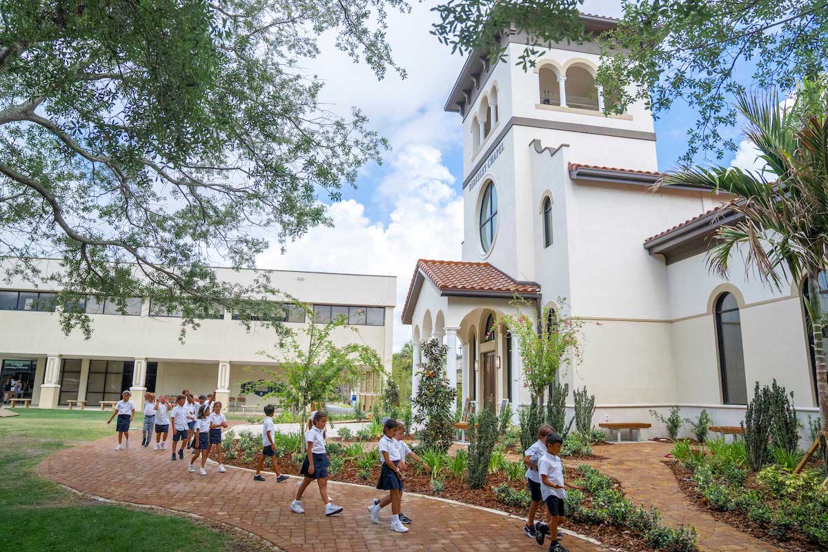 Lower division students walking by the front of the Berkeley Chapel