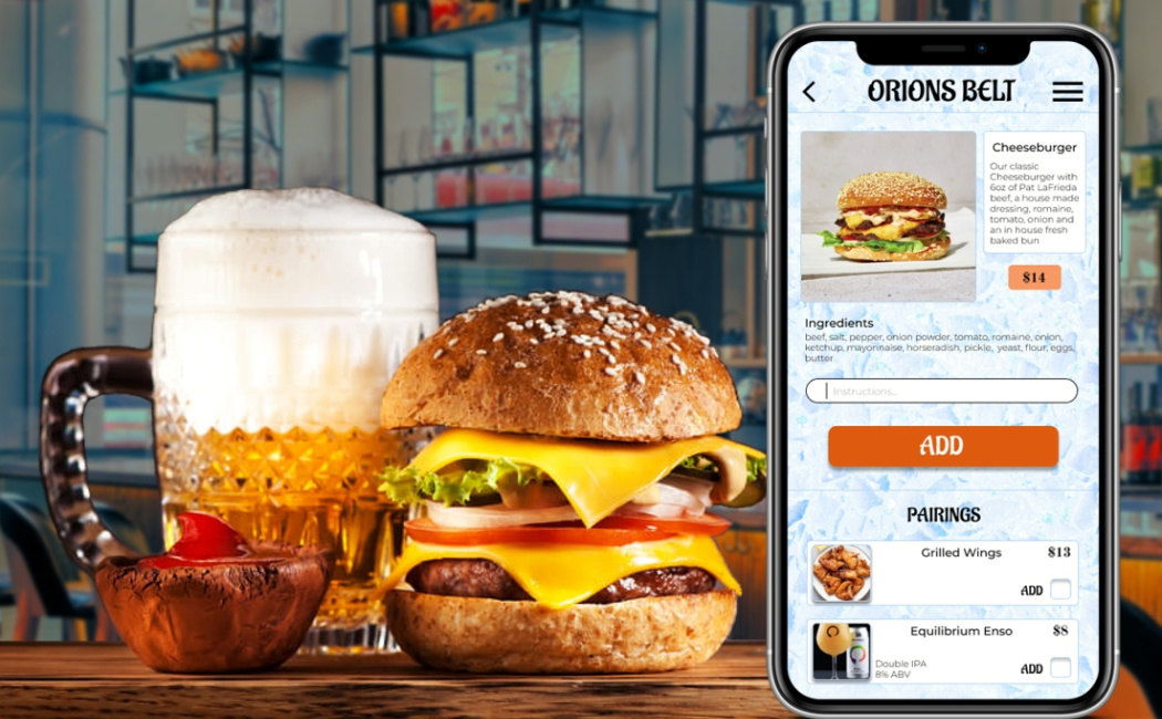image of a smartphone with the ordering app pulled up to order a burger, next to a plate with a burger, a beer and a bowl of ketchup
