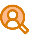 Orange magnifying glass focusing on a white user profile icon.