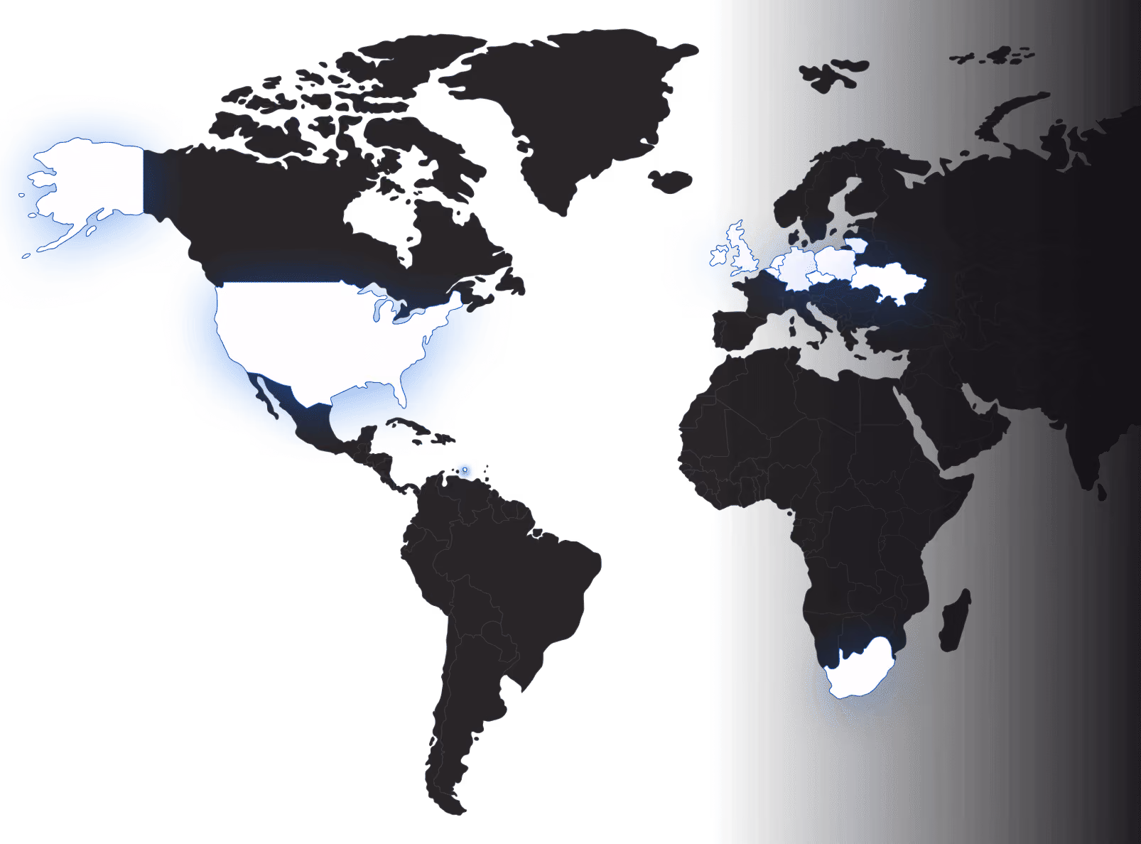 Map highlighting the US, Alaska, UK, Czechia, Slovakia, Hungary, Poland, South Africa, and Dominican Republic in white.