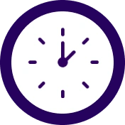 Clock icon showing the time as 12:05 with a dark blue border and purple hands.