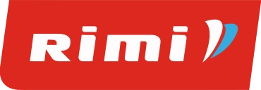 Rimi logo with white text and two stylized blue and white swooshes on a red background.