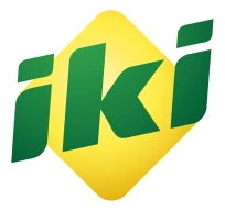 Iki brand logo with green letters on a yellow diamond shape background.
