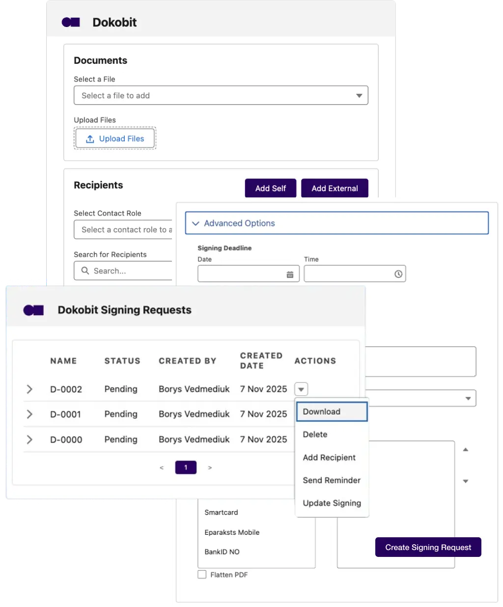 Dokobit interface showing document upload, recipient selection, advanced options, and signing requests list.