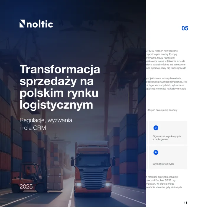 Cover page with truck, forklift, shipping containers, and text about sales transformation in Polish logistics market.