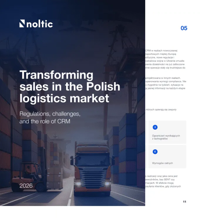 Cover page titled Transforming sales in the Polish logistics market with truck, forklift, and shipping containers.