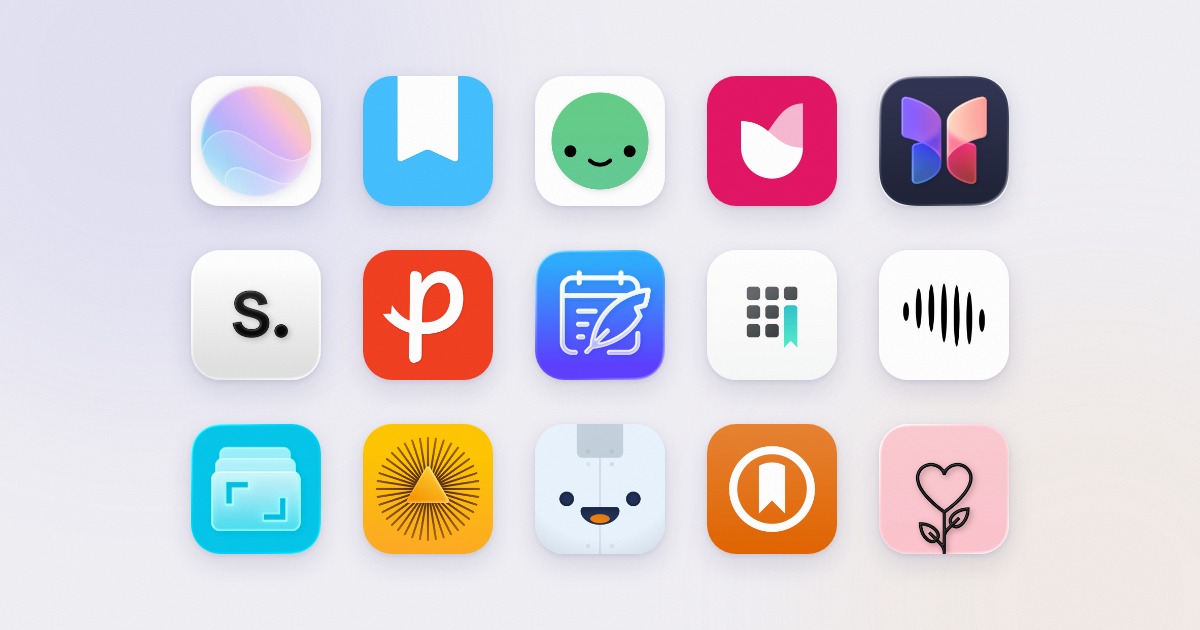 App icons for the 15 journaling and diary apps compared on Reflection, including Day One, Daylio, Apple Journal and Rosebud.