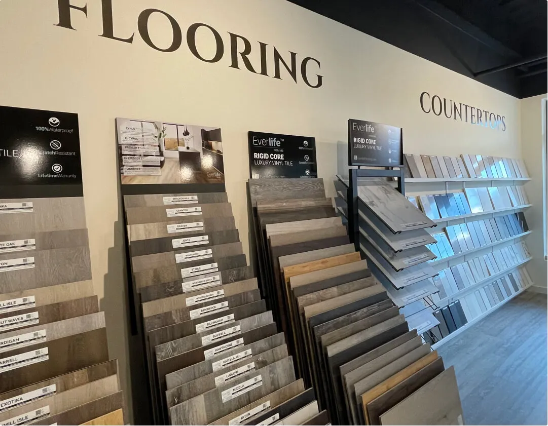 A large selection of flooring tiles in our showroom