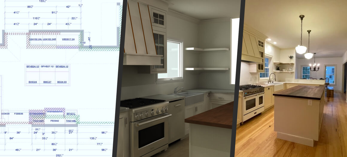 A picture of a floor plan and two pictures of newly remodeled kitchens by our team