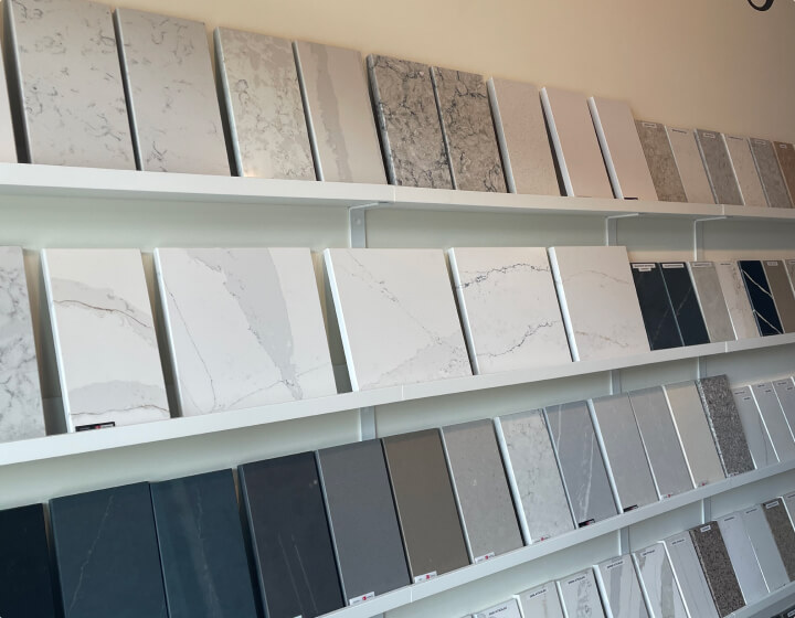 A large selection of countertops in our showroom