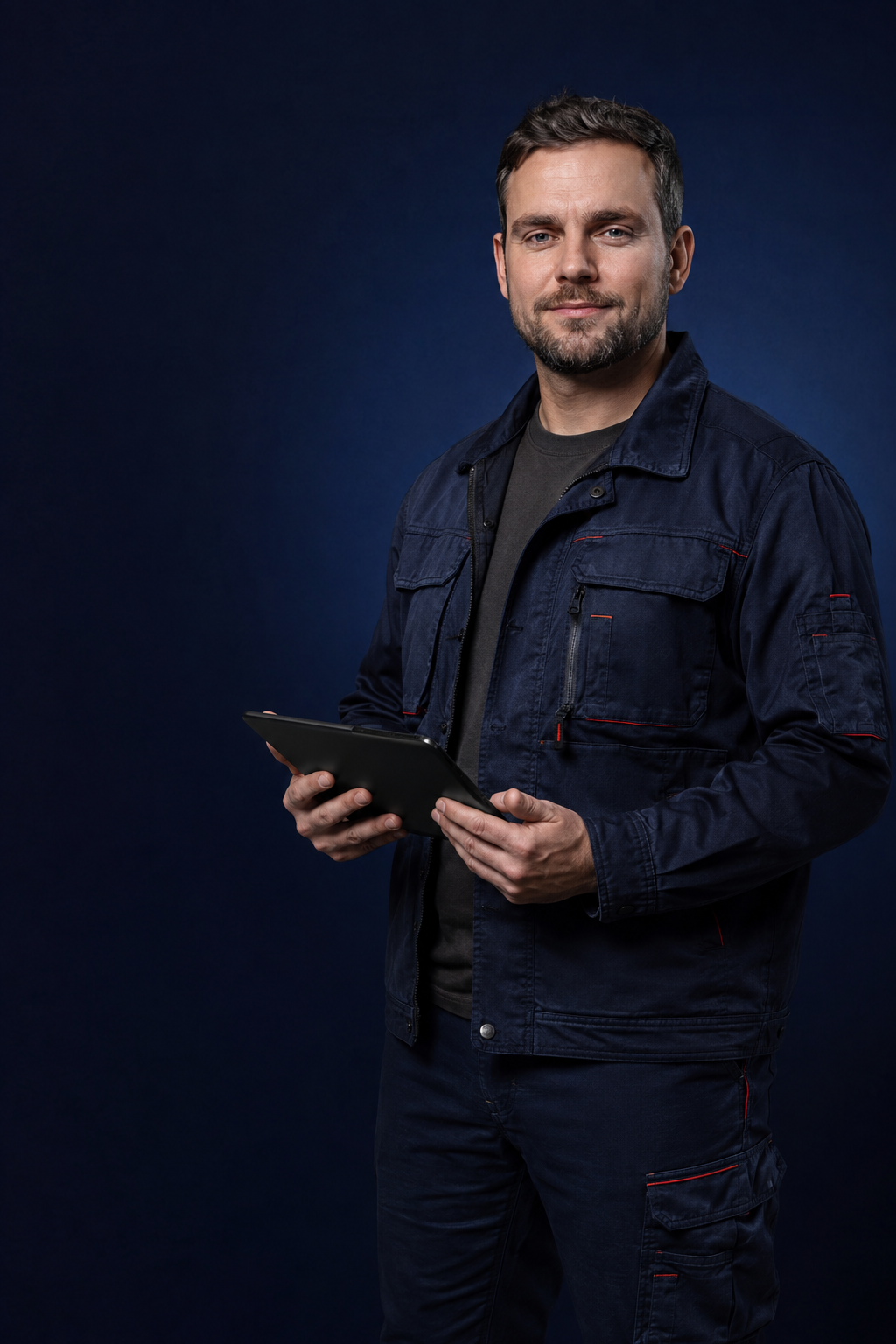 Technischer Fachspezialist mit Tablet in dunkelblauer Arbeitskleidung
