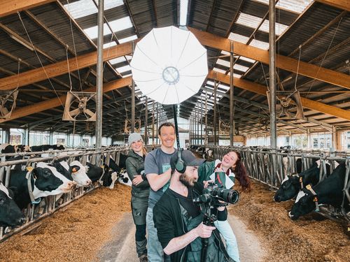 Unser Film-Team mit Equipment auf dem Futtertisch im Kuhstall