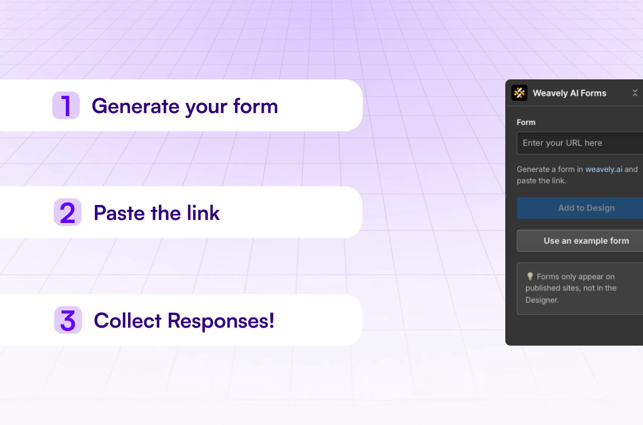 Weavely AI Forms Webflow plugin tutorial showing three steps: Generate your form, Paste the link, and Collect Responses, with plugin interface preview