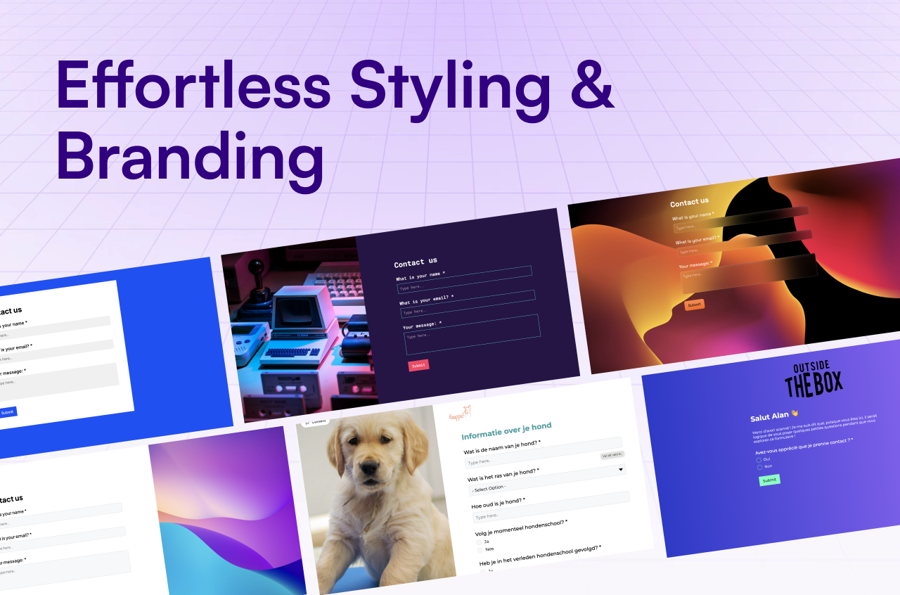 Effortless Styling & Branding header with collage of diverse website designs demonstrating Weavely form customization across different layouts and color schemes