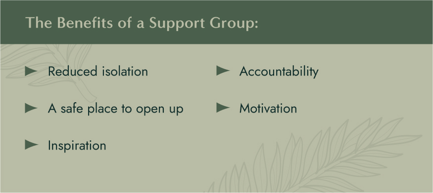 No image. Text: The Benefits of a Support Group - reduced isolation, a safe place to open up, inspiration, accountability, motivation.