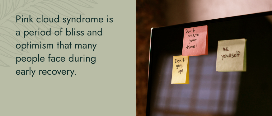 Image: Three sticky notes on a dark computer monitor that say "don't give up!" "Don't waste your time!" and "Be yourself" Text: Pink cloud syndrome is a period of bliss and optimism that many people face during early recovery