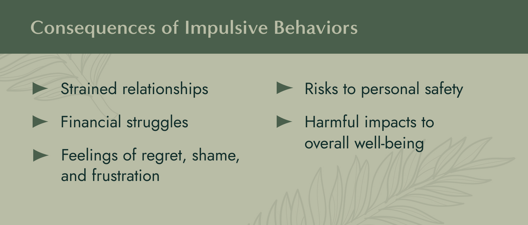 No image. Text: Consequences of impulsive behaviors - strained relationships, financial struggles, feelings of regret, shame, and frustration, risks to personal safety, and harmful impacts to overall well-being