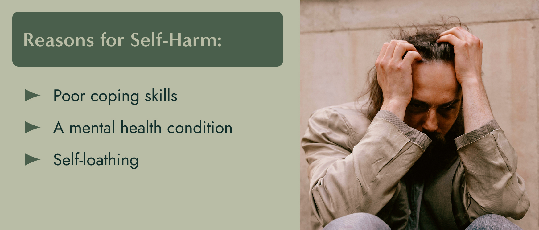 Image: A distressed man sitting in an outdoor concrete stairwell with his elbows on his knees and hands in his hair. Text: Reasons for self-harm poor coping skills, a mental health condition, and self-loathing.