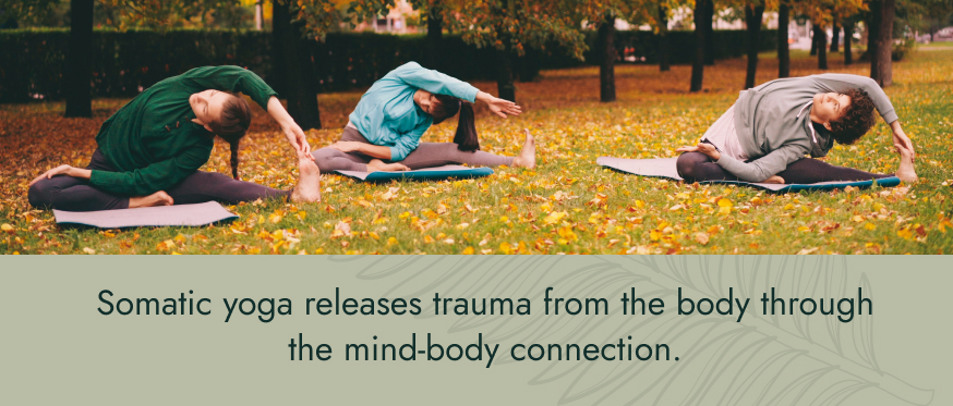 Image: Group of people performing yoga in a park. Text: Somatic yoga releases trauma from the body through the mind-body connection.t
