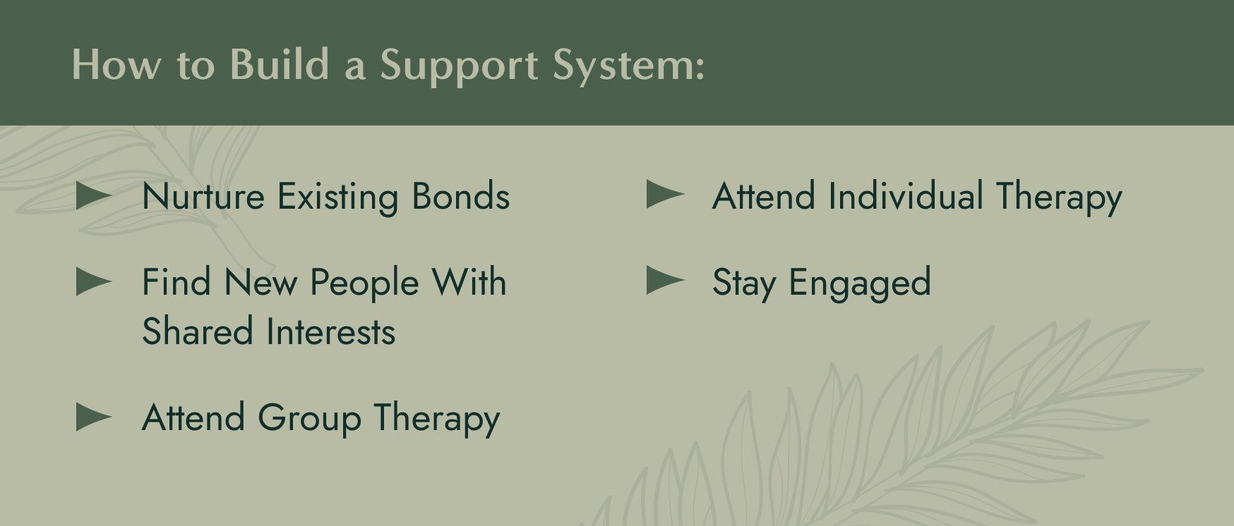 Image: A list of ways to build a support system. Text: How to Build a Support System: Nurture Existing Bonds Find New People With Shared Interests Attend Group Therapy Attend Individual Therapy Stay Engaged