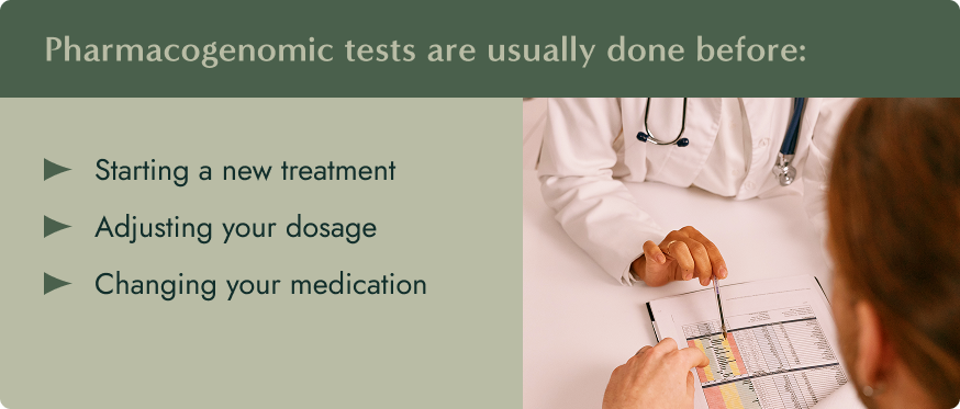 Image: A doctor pointing at a psychotropic test with his patient. Text: Pharmacogenomic tests are usually done before: Starting a new treatment, adjusting  your dosage, or changing  your medication
