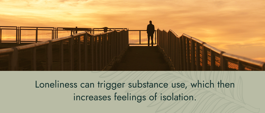 Image: Person standing alone on a pier at sunset. Text: Loneliness can trigger substance use, which then increases feelings of isolation.