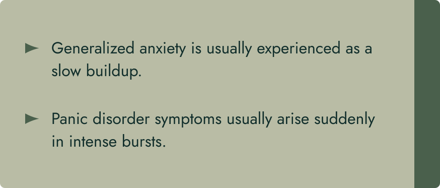 Generalized anxiety is usually experienced as a slow buildup. Panic disorder symptoms usually arise suddenly in intense bursts.
