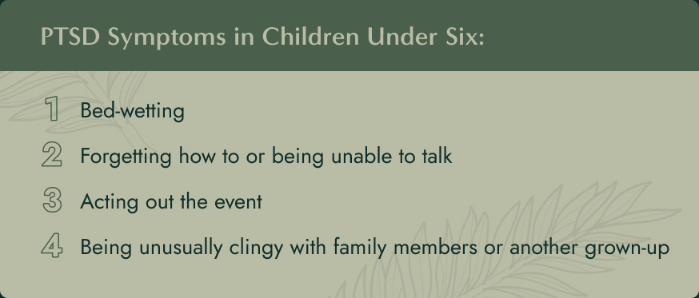 No image. Text: PTSD symptoms in children under 6 - bedwetting, forgetting how to or being unable to talk, acting out the event, being unusually clingy with family members or another grown-up