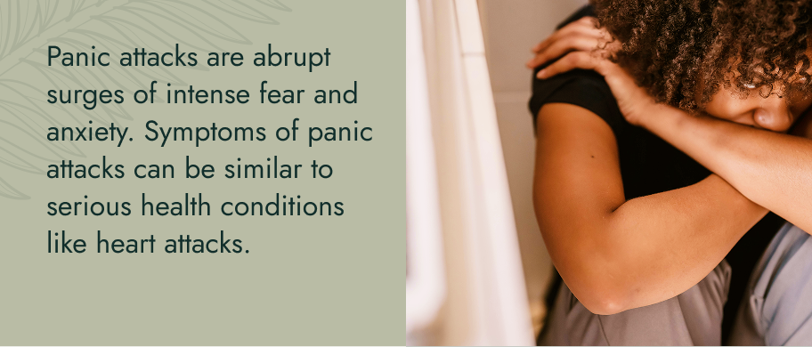 Image: A person sitting on the floor with their knees tucked up, elbows resting on them, and their head hanging down. Text: Panic attacks are abrupt surges of intense fear and anxiety. Symptoms of panic attacks can be similar to serious health conditions like heart attacks.